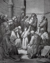 The 12-year-old Jesus in the temple, children and adults gather around a teacher in an ancient room