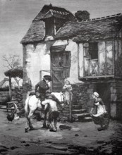 At a post office, the stable servant repairs a saddle strap from a rider, 1880, France, A farmer