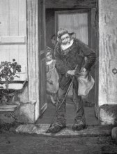 Old man, beggar, standing by a door and wrapping his alms in the bag, 1880, Holland, An elderly man