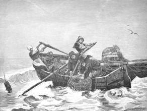 Crab fishermen on the French coast, trap, fishing boat, 1880, France, fishermen fighting stormy