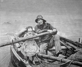 Fischer has taken his little daughter on board and shows her rowing, 1880, Holland, man rowing a