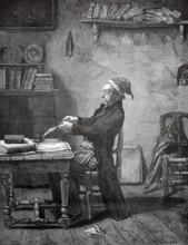 The village clerk at his desk, a community official who took on a central role at a time when many