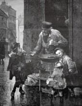 Chestnut roaster in the streets of Rome, demands payment from a boy first in front of the goods,