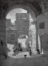 Street scene in Narni in Umbria, around 1880, Italy, stone arch leading into a lively oriental