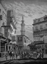 Street scene in Cairo around 1880, Egypt, oriental street scene with towers, lively market and
