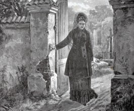 Widow in the cemetery on All Souls' Day, mourning, 1880, Germany, A woman in a cloak stands at an