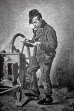 Old man with pipe as a craftsman, scissor grinder at work, 1880, Germany, A man concentrates on a