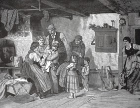 Homecoming of the young student who is welcomed by his family, 1880, Austria, A family gathers in a
