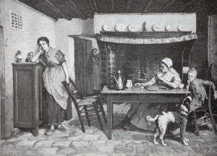 Domestic quarrel in the family, annoyance, 1880, Germany, A rural family scene in the dining room