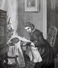 Young woman sewing at home, 1880, Germany, A woman sitting at a table and sewing concentrated, in