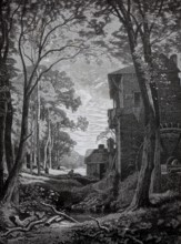 View of a mill with a mill wheel on a stream, 1880, Germany, A winding forest path leads past old