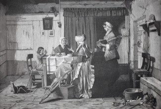 Visiting girlfriends on Sunday morning, 1880, Holland, A family gathers in a rustic dining room,