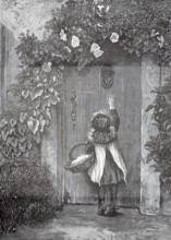 Little girl with a basket stands at the front door and doesn't come to the knocker, a little girl