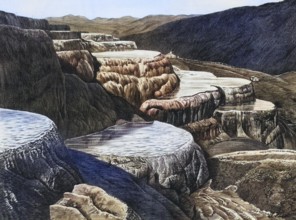 Lime sinter heels in the marble basins in Yellowstone Park, America, authentic reproduction of a