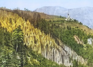 Earth pyramids on Ritten near Bolzano, South Tyrol, Italy, authentic reproduction of a school