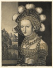 Portrait of a young woman wearing an elaborate gold brocade dress and a hat with feathers. It is