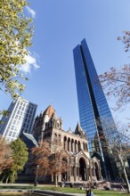 Trinity Church and John Hancock Tower, various architectural styles at Copley Square, passers-by,