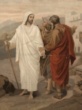Scene from the biblical story, walk to Emmaus, central biblical story that describes how two