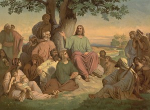 Scene from the biblical story, The Sermon on the Mount, authentic reproduction of a school mural,