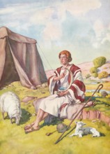 Scene from the biblical story, story of the shepherds in the field describing how angels announce