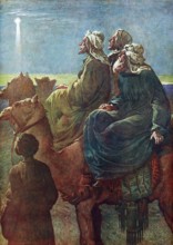 Scene from the biblical story, the Magi or the Three Wise Men from the East following the star,