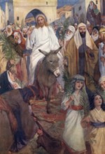 Scene from the biblical story, triumphant entry, the account of Jesus' entry into Jerusalem on a