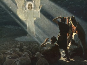 Scene from the biblical story, story of the shepherds in the field describes how angels announce