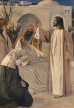 Scene from the biblical story, The Widow's Son, story from the Gospel of Luke in which Jesus raises