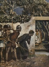 Scene from the biblical story, betrayal and capture of Jesus, authentic reproduction of a school