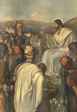 Scene from the biblical story, The Sermon on the Mount, authentic reproduction of a school mural,