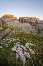 View of rocky mountain peaks of the Brenta Mountains at sunset, Alpenglühen, mountain landscape on