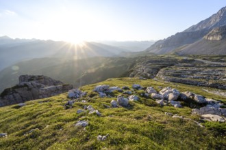 Sunset over the Adamello Group, mountain landscape on the Grosté Plateau, Brenta Mountains,
