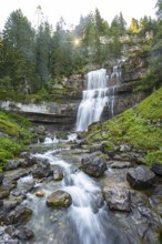 Cascata di Mezzo waterfall, long exposure, sun star, Vallesinella, Brenta, Trentino, Italy