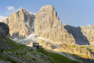 Picturesque mountain landscape in the morning, Rifugio Ai Brentei mountain hut and Cima Tosa rock