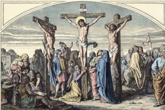 Scene from the biblical story, The Crucifixion of Jesus Christ, authentic reproduction of a school