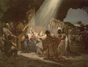 Scene from the biblical story, The Birth of Jesus, authentic reproduction of a school mural,
