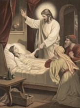 Scene from the biblical story, story of the raising of the daughter of Jairus, authentic