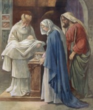 Scene from the biblical story, Joseph and Mary bringing little Jesus to the temple, authentic