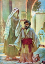 Scene from the biblical story, Saul is anointed by God as the first king of Israel through the