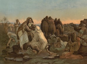 Scene from the biblical story, The story of Rebekah and Eliezer is a central narrative in the