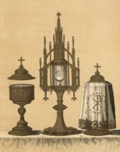 Scene from biblical history, liturgical vessels, chalice, patena, monstrance and veiled chalice,