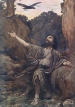 Scene from the biblical story, Elijah and the Raven is found in the Bible in the Old Testament,