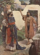 Scene from the biblical story, Elias and Ahab at Naboth's vineyard is found in the Bible, where