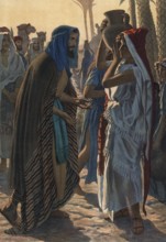 Scene from the biblical story, The story of Eliezer and Rebecca in the Bible is about Abraham's