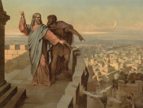 Scene from the biblical story, The Temptation of Jesus by the Devil, authentic reproduction of a