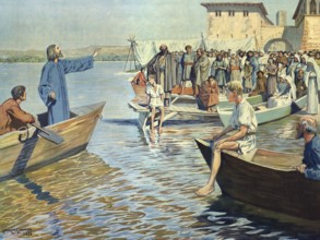 Scene from the biblical story, Jesus preaching at the lake, authentic reproduction of a school