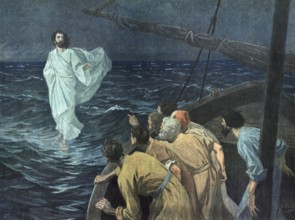 Scene from the biblical story, Jesus walking across water, authentic reproduction of a school