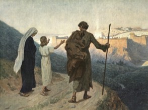 Scene from the biblical story, Jesus' parents, Mary and Joseph, traveling with the 12-year-old