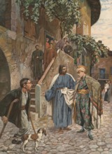 Scene from the biblical story, Jesus and the rich young man, authentic reproduction of a school