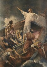 Scene from the biblical story, The story of Jesus sleeping on the Sea of Galilee during a storm is